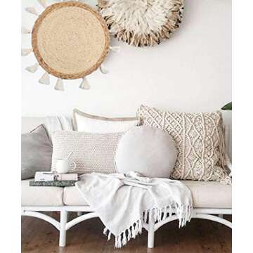 IOWER Boho Wall Decor Circle Wall Decor Basket Macrame Wall Hanging Round Straw Living Room Wall Hom...