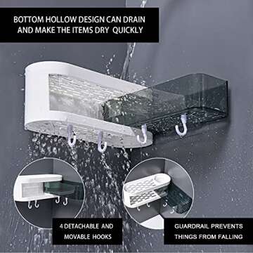 2-Pack Adhesive Bathroom Shelf with 4 Hooks Wall Mounted Shower Shelf No Drilling Bathroom Storage Organizer 3 Tiers Rotating Storage Rack for Shower Caddy