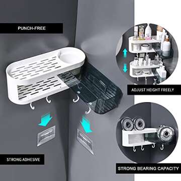 2-Pack Adhesive Bathroom Shelf with 4 Hooks Wall Mounted Shower Shelf No Drilling Bathroom Storage Organizer 3 Tiers Rotating Storage Rack for Shower Caddy