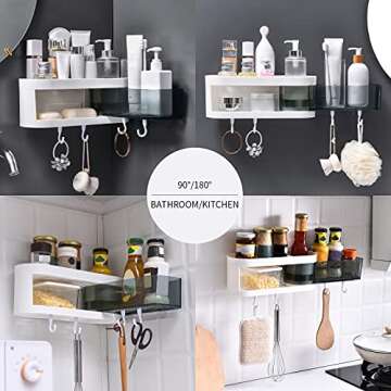2-Pack Adhesive Bathroom Shelf with 4 Hooks Wall Mounted Shower Shelf No Drilling Bathroom Storage Organizer 3 Tiers Rotating Storage Rack for Shower Caddy