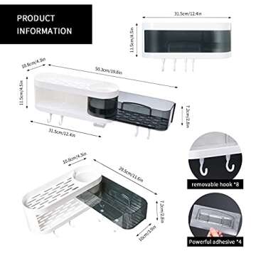2-Pack Adhesive Bathroom Shelf with 4 Hooks Wall Mounted Shower Shelf No Drilling Bathroom Storage Organizer 3 Tiers Rotating Storage Rack for Shower Caddy
