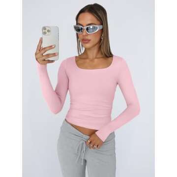 Trendy Queen Womens Long Sleeve Shirts Crop Tops Square Neck Going Out Basics Tees Y2K Winter Clothe...