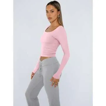 Trendy Queen Womens Long Sleeve Shirts Crop Tops Square Neck Going Out Basics Tees Y2K Winter Clothes 2025 Pink M