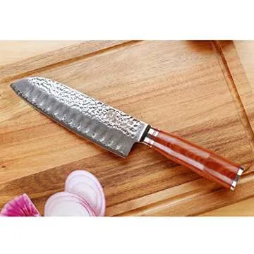 Sunlong Santoku Knives 7 inch Pro Chef Knife Japanese Hammered Damascus Steel Natural Bloodwood Handle