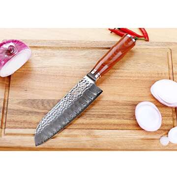 Sunlong Santoku Knives 7 inch Pro Chef Knife Japanese Hammered Damascus Steel Natural Bloodwood Handle