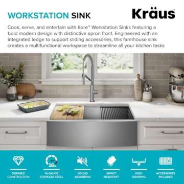 KRAUS Kore 33-Inch Modern Farmhouse Workstation 16 Gauge Single Bowl Stainless Steel Kitchen Sink with Accessories, KWF410-33