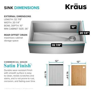 KRAUS Kore 33-Inch Modern Farmhouse Workstation 16 Gauge Single Bowl Stainless Steel Kitchen Sink with Accessories, KWF410-33