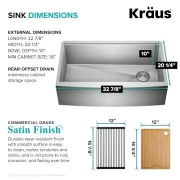 KRAUS Kore 33-Inch Modern Farmhouse Workstation 16 Gauge Single Bowl Stainless Steel Kitchen Sink with Accessories, KWF410-33