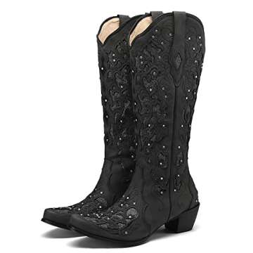 SaraIris Cowboy Boots for Women Cowgirl Boots Western Boots Chunky Heel Pointed Toe Pull On Rhinestones Embroidered Knee High Boots Mid Calf Boots