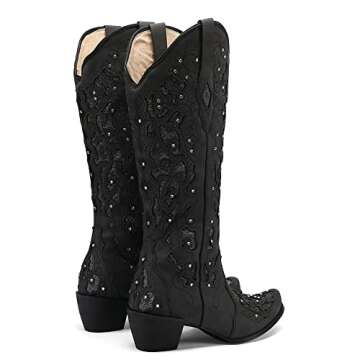 SaraIris Cowboy Boots for Women Cowgirl Boots Western Boots Chunky Heel Pointed Toe Pull On Rhinestones Embroidered Knee High Boots Mid Calf Boots