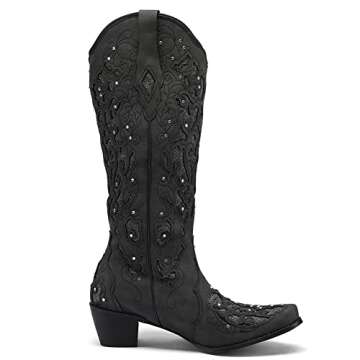 SaraIris Cowboy Boots for Women Cowgirl Boots Western Boots Chunky Heel Pointed Toe Pull On Rhinestones Embroidered Knee High Boots Mid Calf Boots