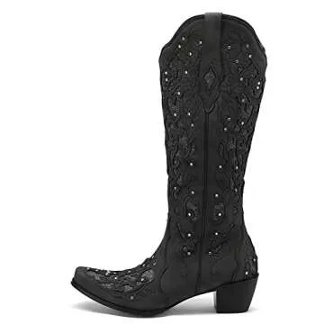 SaraIris Cowboy Boots for Women Cowgirl Boots Western Boots Chunky Heel Pointed Toe Pull On Rhinestones Embroidered Knee High Boots Mid Calf Boots