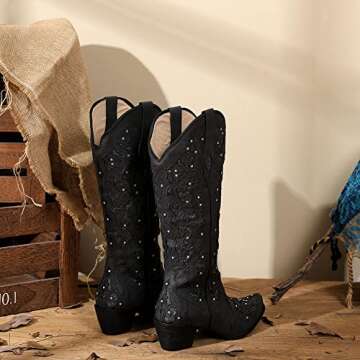 SaraIris Cowboy Boots for Women Cowgirl Boots Western Boots Chunky Heel Pointed Toe Pull On Rhinestones Embroidered Knee High Boots Mid Calf Boots