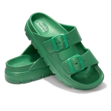 FUNKYMONKEY EVA Slides for Women Thick-sole Adjustable Double Buckle Waterproof Platform Sandals (7 M US, Green/HDSPK)