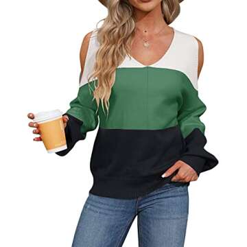 MaQiYa Women's V Neck Cold Shoulder Sweaters Oversized Batwing Long Sleeve Colorblock Chunky Knit Pullover Sweater Tops Z-Green