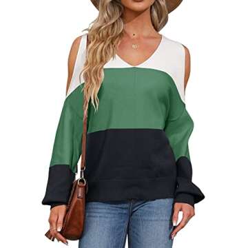 MaQiYa Women's V Neck Cold Shoulder Sweaters Oversized Batwing Long Sleeve Colorblock Chunky Knit Pullover Sweater Tops Z-Green