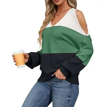 MaQiYa Women's V Neck Cold Shoulder Sweaters Oversized Batwing Long Sleeve Colorblock Chunky Knit Pullover Sweater Tops Z-Green