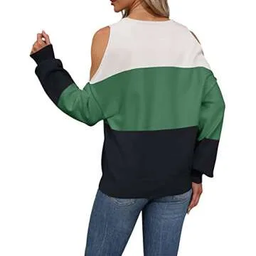 MaQiYa Women's V Neck Cold Shoulder Sweaters Oversized Batwing Long Sleeve Colorblock Chunky Knit Pullover Sweater Tops Z-Green