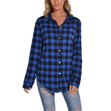 GUANYY Women's Classic Plaid Button Down Shirt - Loose Fit and Long Sleeves (Blue and Black, Large)