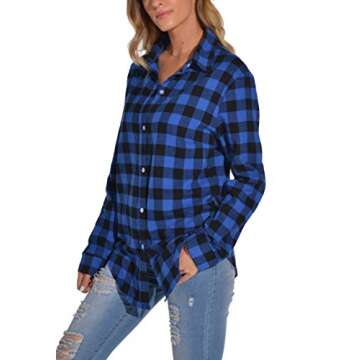 GUANYY Women's Classic Plaid Button Down Shirt - Loose Fit and Long Sleeves (Blue and Black, Large)