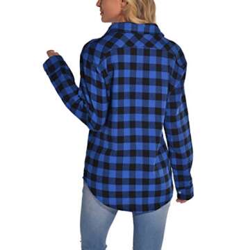 GUANYY Women's Classic Plaid Button Down Shirt - Loose Fit and Long Sleeves (Blue and Black, Large)