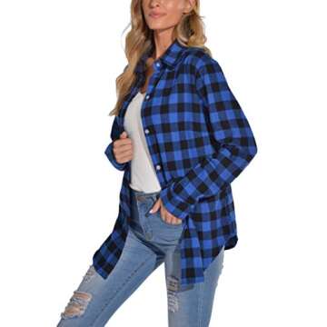 GUANYY Women's Classic Plaid Button Down Shirt - Loose Fit and Long Sleeves (Blue and Black, Large)