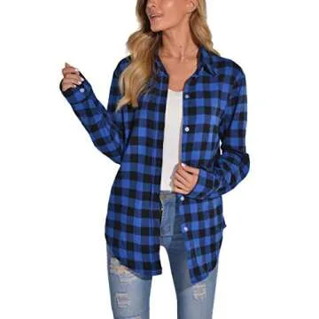 GUANYY Women's Classic Plaid Button Down Shirt - Loose Fit and Long Sleeves (Blue and Black, Large)