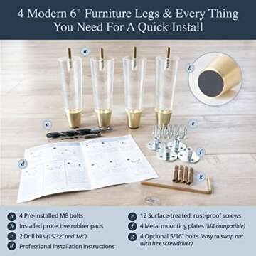 Acrylic Furniture Legs With Gold Caps - Mid Century Legs For Couch, Sofa, Chair, Table, Dresser, Bed, Cabinet - Furniture Feet Are Easy To Install & Include Installation Hardware - Set of 4, 6 Inches