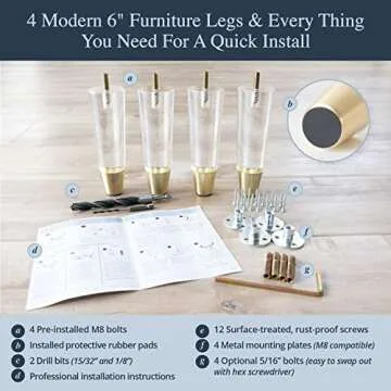 Acrylic Furniture Legs With Gold Caps - Mid Century Legs For Couch, Sofa, Chair, Table, Dresser, Bed, Cabinet - Furniture Feet Are Easy To Install & Include Installation Hardware - Set of 4, 6 Inches