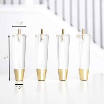 Acrylic Furniture Legs With Gold Caps - Mid Century Legs For Couch, Sofa, Chair, Table, Dresser, Bed, Cabinet - Furniture Feet Are Easy To Install & Include Installation Hardware - Set of 4, 6 Inches