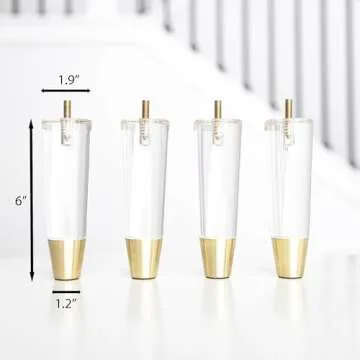 Acrylic Furniture Legs With Gold Caps - Mid Century Legs For Couch, Sofa, Chair, Table, Dresser, Bed, Cabinet - Furniture Feet Are Easy To Install & Include Installation Hardware - Set of 4, 6 Inches
