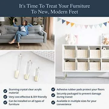 Acrylic Furniture Legs With Gold Caps - Mid Century Legs For Couch, Sofa, Chair, Table, Dresser, Bed, Cabinet - Furniture Feet Are Easy To Install & Include Installation Hardware - Set of 4, 6 Inches