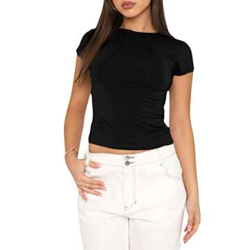 WPNAKS Short Sleeve Basic Crop Top for Women Going Out Slim Fitted Crew Neck T Shirts Solid Summer Baby Tee (as1, Alpha, l, Regular, Regular, B Black)