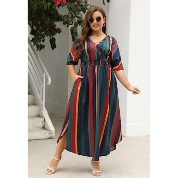 Nemidor Women’s Plus Size Boho Floral V-Neck Maxi Dress with Pockets NEM403(22, Green Stripe)