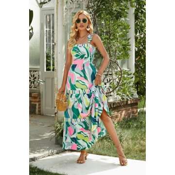 AlvaQ Women's Summer Casual Sleeveless Square Neck A-Line Swing Dress Floral Print High Waist Long D...