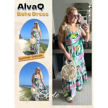 AlvaQ Women's Summer Casual Sleeveless Square Neck A-Line Swing Dress Floral Print High Waist Long Dress Fashion 2025 Green 1X