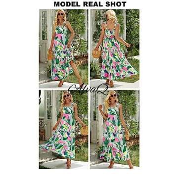 AlvaQ Women's Summer Casual Sleeveless Square Neck A-Line Swing Dress Floral Print High Waist Long Dress Fashion 2025 Green 1X