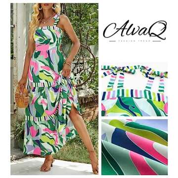 AlvaQ Women's Summer Casual Sleeveless Square Neck A-Line Swing Dress Floral Print High Waist Long Dress Fashion 2025 Green 1X