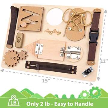 marsebia Montessori Busy Board for Toddlers - Activity Board for Fine Motor Skills, 3 Years Travel Toy with Basic Life Skills Activities - Wooden Sensory Toy for Boys & Girls, Natural Colors