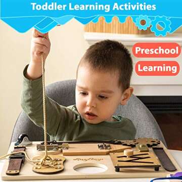 marsebia Montessori Busy Board for Toddlers - Activity Board for Fine Motor Skills, 3 Years Travel Toy with Basic Life Skills Activities - Wooden Sensory Toy for Boys & Girls, Natural Colors