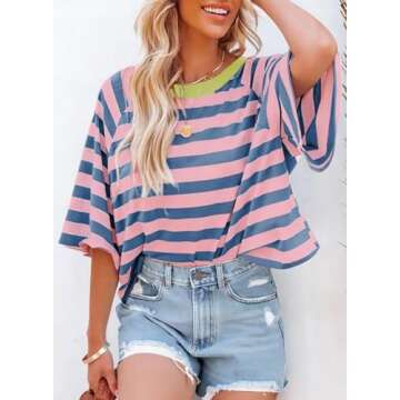 Dokotoo Summer Womens Tops for Women Cute Crop Tops 2025 Spring Striped Short Sleeve Shirts Women's ...