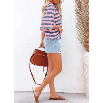 Dokotoo Summer Womens Tops for Women Cute Crop Tops 2025 Spring Striped Short Sleeve Shirts Women's Clothes Clothing Blouses Dressy Casual Fashion Trendy Oversized Tshirts Tee Cruise Outfits