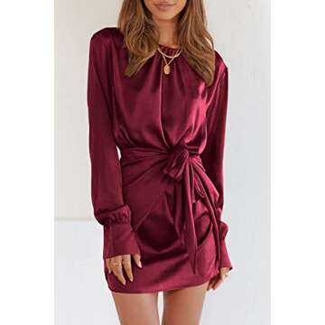 PRETTYGARDEN Women's Spring Satin Dress Long Sleeve Tie Waist Elegant Cocktail Party Mini Fall Dresses(Wine Red,Large)