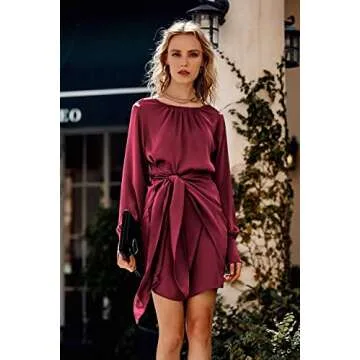 PRETTYGARDEN Women's Spring Satin Dress Long Sleeve Tie Waist Elegant Cocktail Party Mini Fall Dresses(Wine Red,Large)