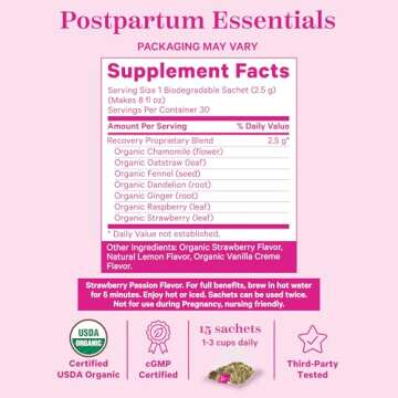 Pink Stork Postpartum Recovery Herbal Tea, Organic Red Raspberry Leaf with Chamomile, Hormone Balance for Women After Labor and Delivery, Strawberry Passion, Hot or Iced, Caffeine-Free, 15 Sachets