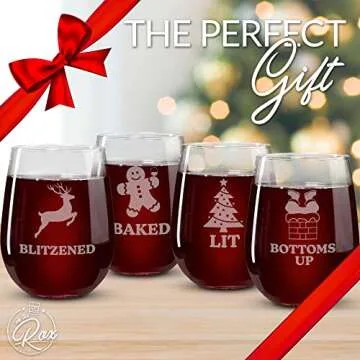 On The Rox Drinks Funny Christmas Wine Glasses - “Baked, Lit, Bottoms Up, Blitzened” Holiday Stemless Wine Glass Set of 4 - Wine Holiday Gifts for Her - Christmas Cocktail Glasses and Drinkware
