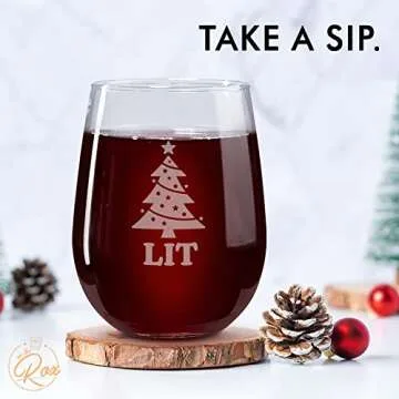 On The Rox Drinks Funny Christmas Wine Glasses - “Baked, Lit, Bottoms Up, Blitzened” Holiday Stemless Wine Glass Set of 4 - Wine Holiday Gifts for Her - Christmas Cocktail Glasses and Drinkware