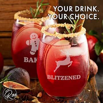 On The Rox Drinks Funny Christmas Wine Glasses - “Baked, Lit, Bottoms Up, Blitzened” Holiday Stemless Wine Glass Set of 4 - Wine Holiday Gifts for Her - Christmas Cocktail Glasses and Drinkware