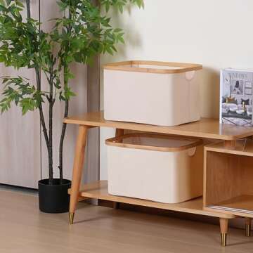 iEGrow 2-Pack Storage Baskets, Rectangle Closet Storage With Bamboo Handles,Collapsible Storage Bins for Organizing Toys, Books Towels,Beige(15.7 x 11.8 x 9.8 inches)