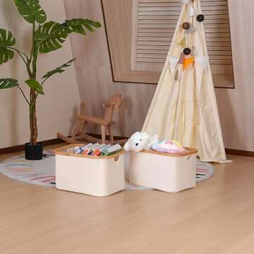 iEGrow 2-Pack Storage Baskets, Rectangle Closet Storage With Bamboo Handles,Collapsible Storage Bins for Organizing Toys, Books Towels,Beige(15.7 x 11.8 x 9.8 inches)